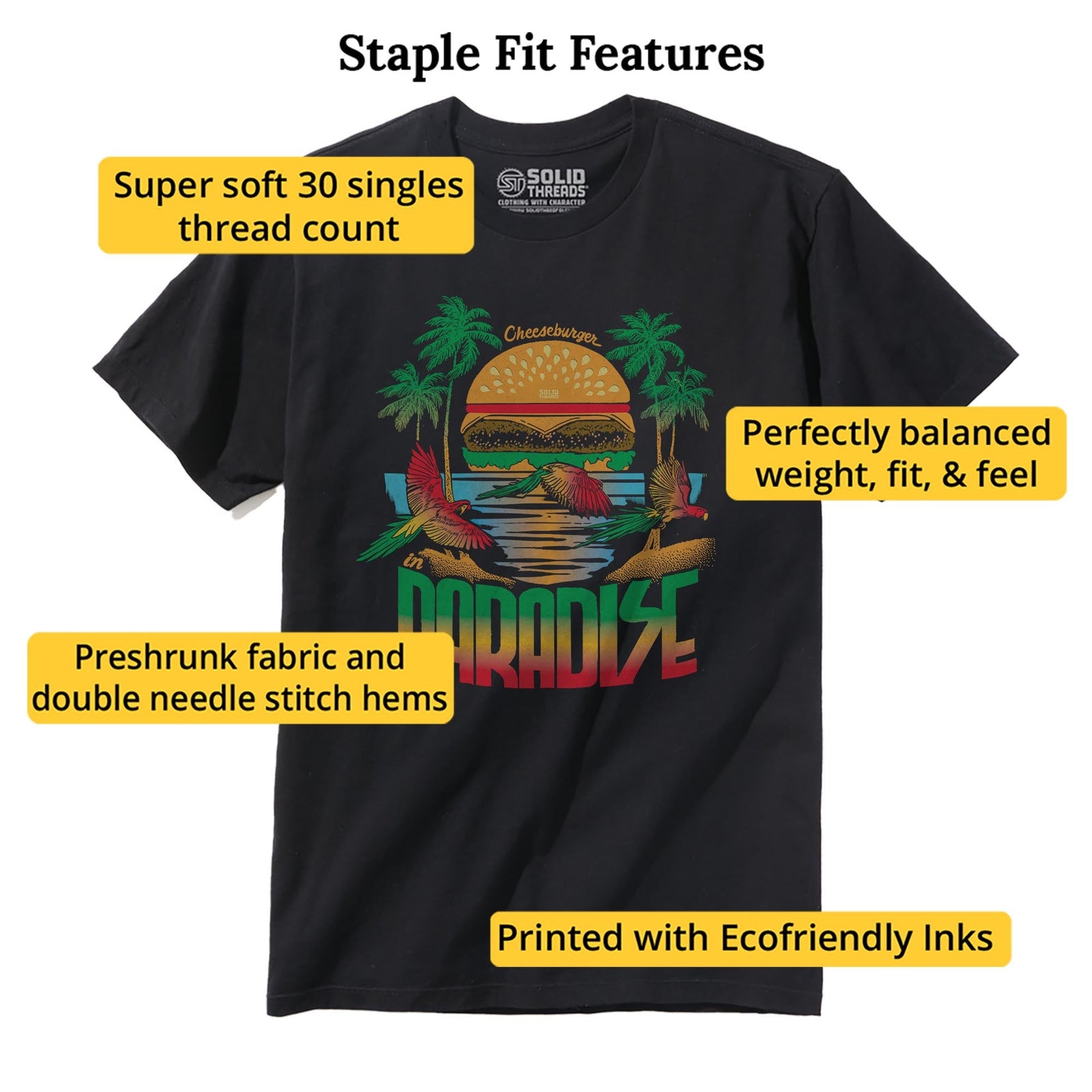 Cheeseburger In Paradise Retro Staple T-shirt in Black - Fit Attributes