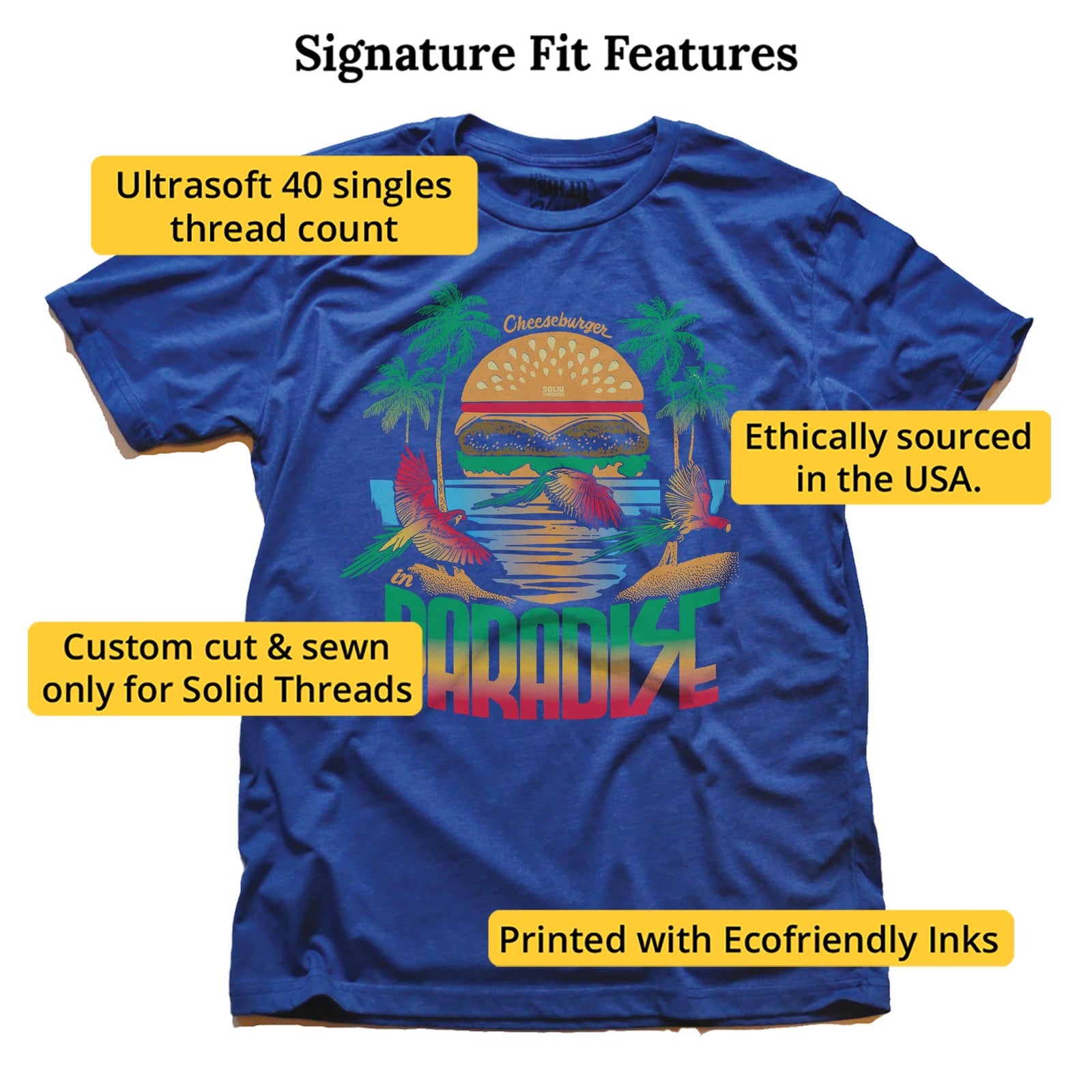 Cheeseburger In Paradise Retro Signature T-shirt in Royal - Fit Attributes