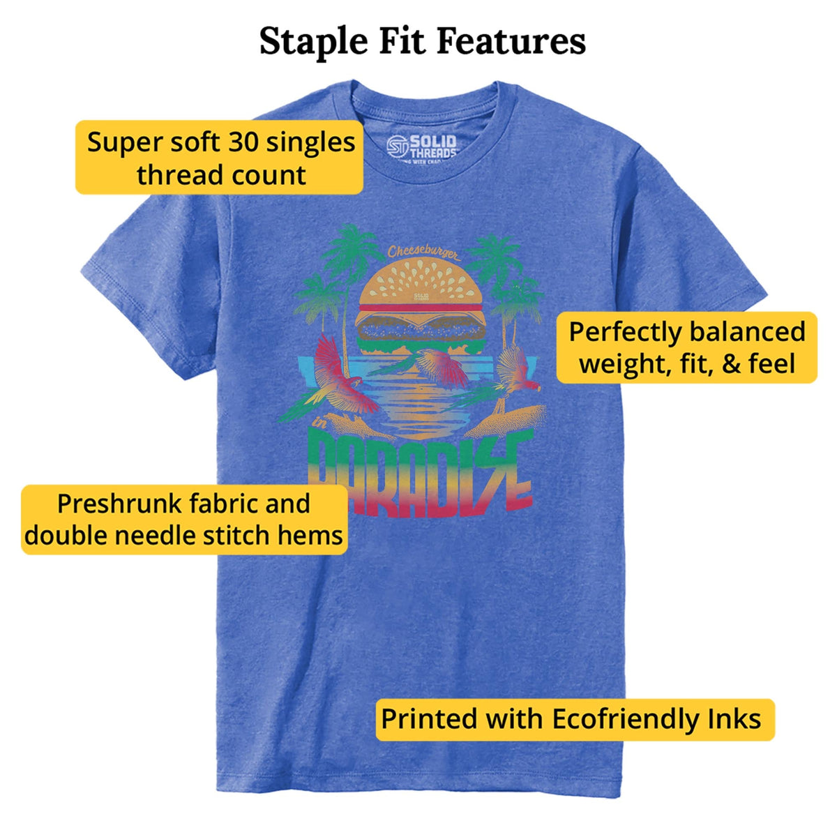 Cheeseburger In Paradise Retro Staple T-shirt in Royal Heather - Fit Attributes