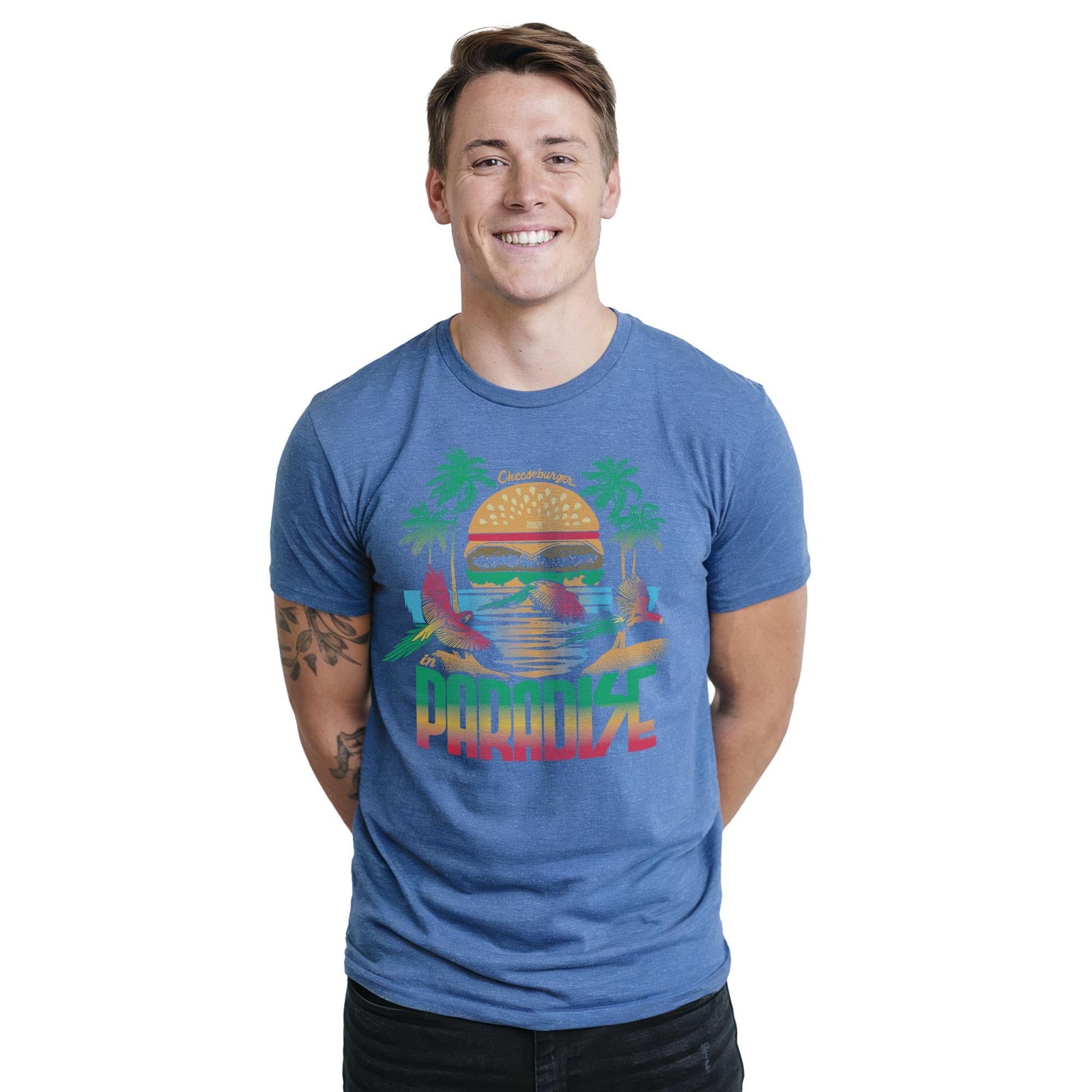 Cheeseburger In Paradise Retro Staple T-shirt in Royal Heather On Model - Front View