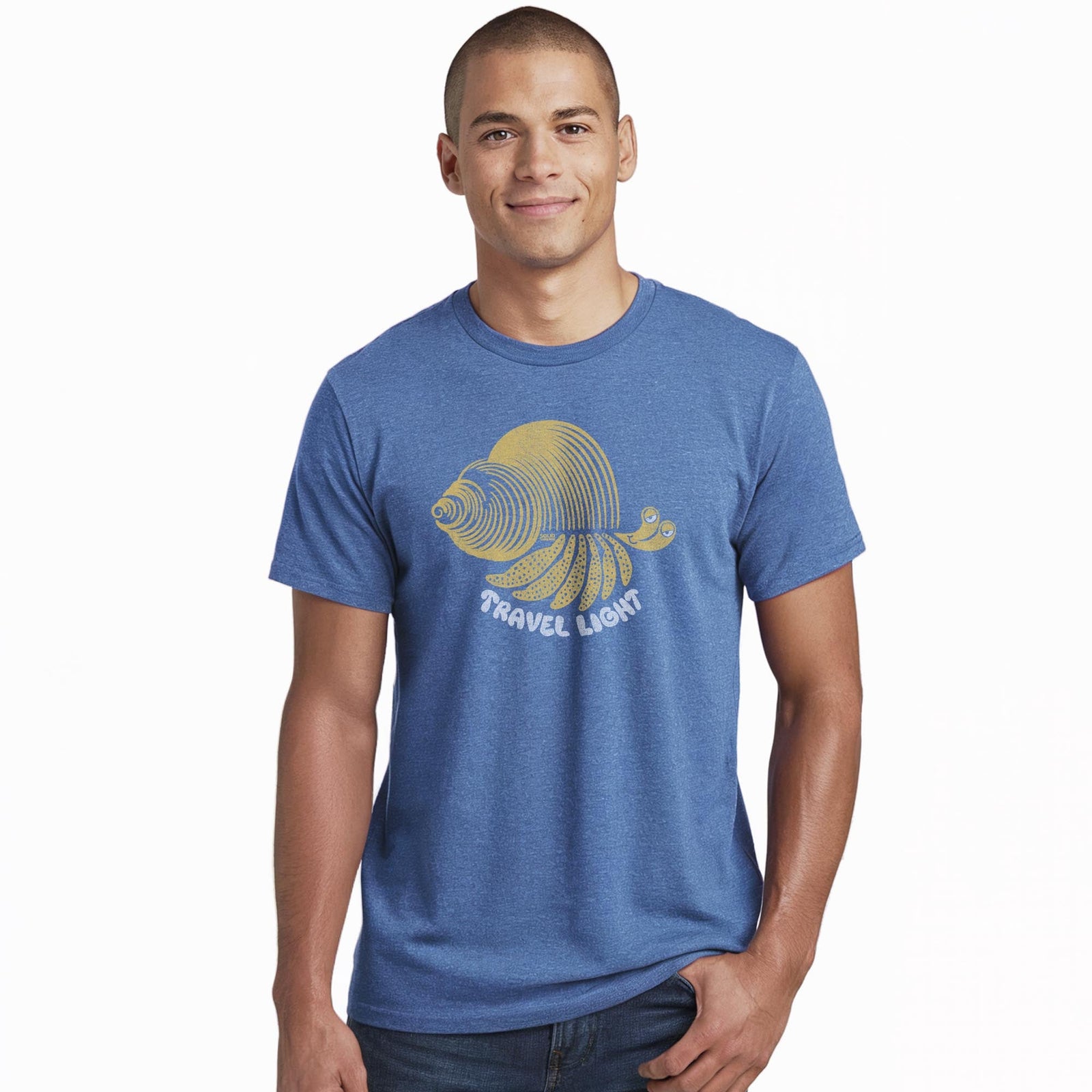 Travel Light Retro Staple T-shirt in Royal Heather On Model - Front View