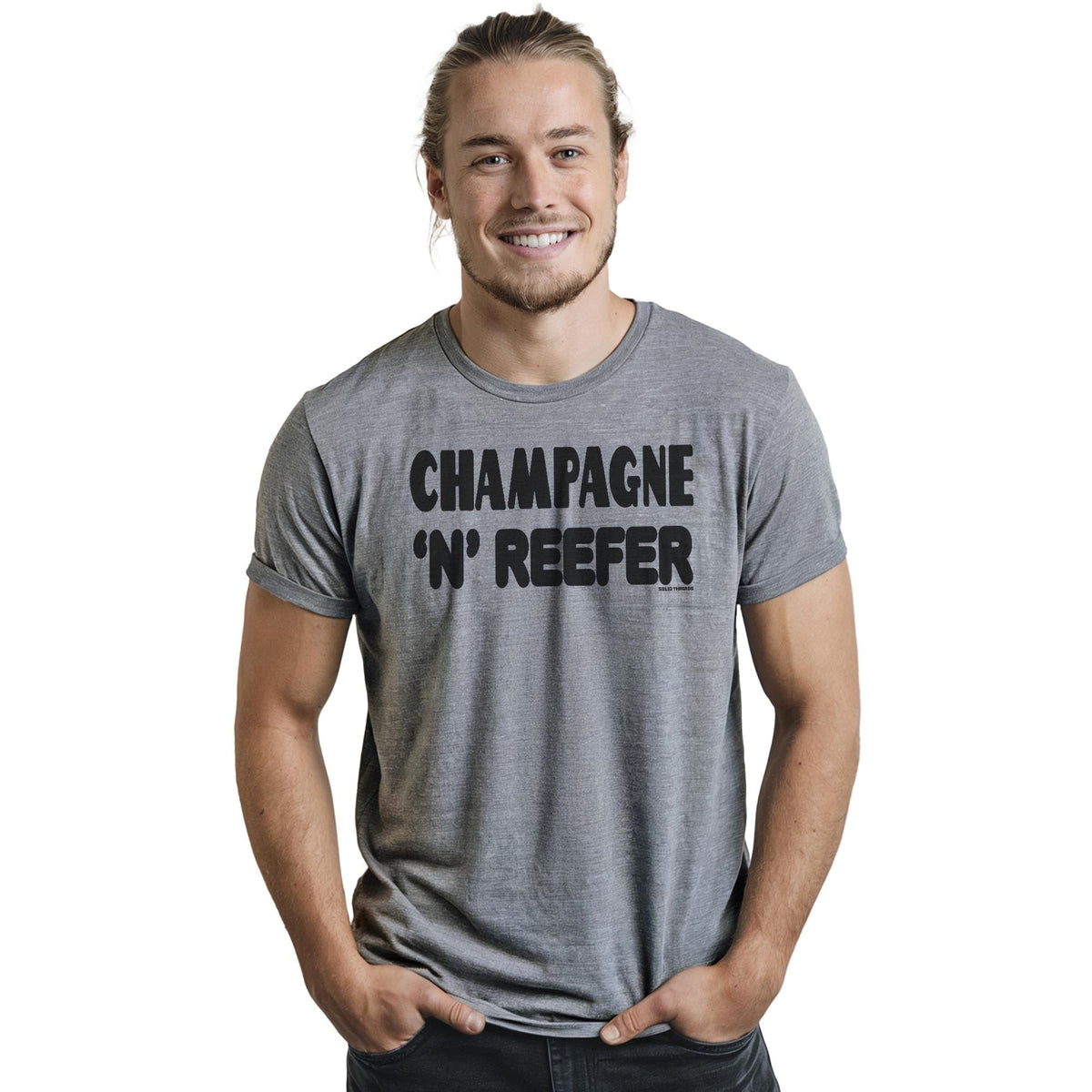 Champagne & Reefer Cool Staple T-shirt in Ash Heather On Model - Front View