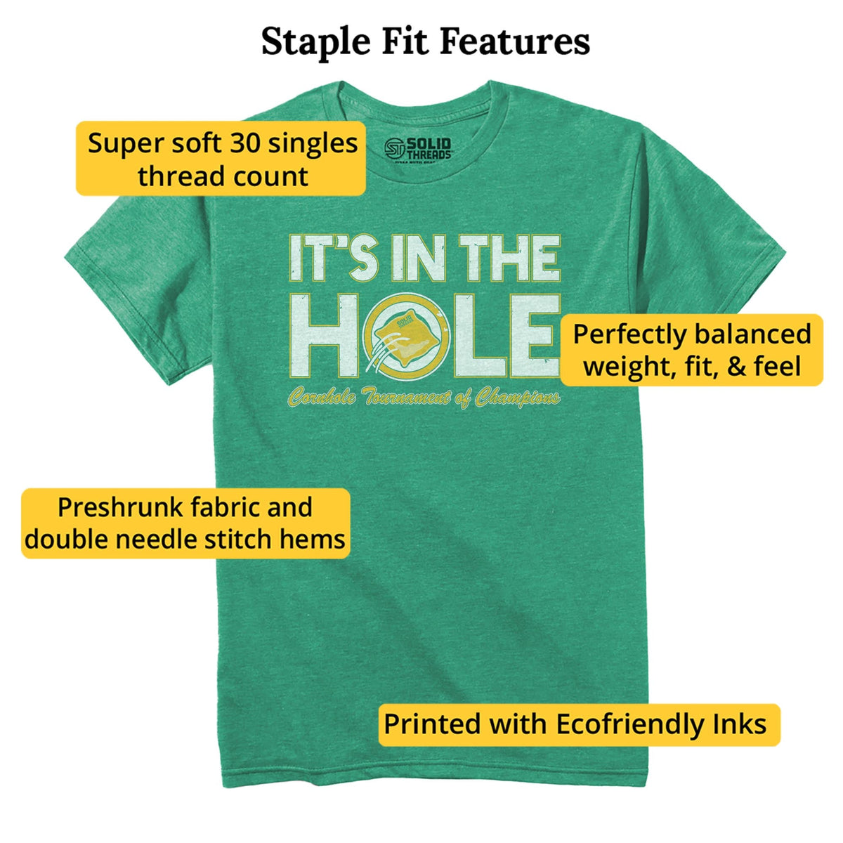 It's In The Hole Funny Staple T-shirt in Kelly Heather - Fit Attributes