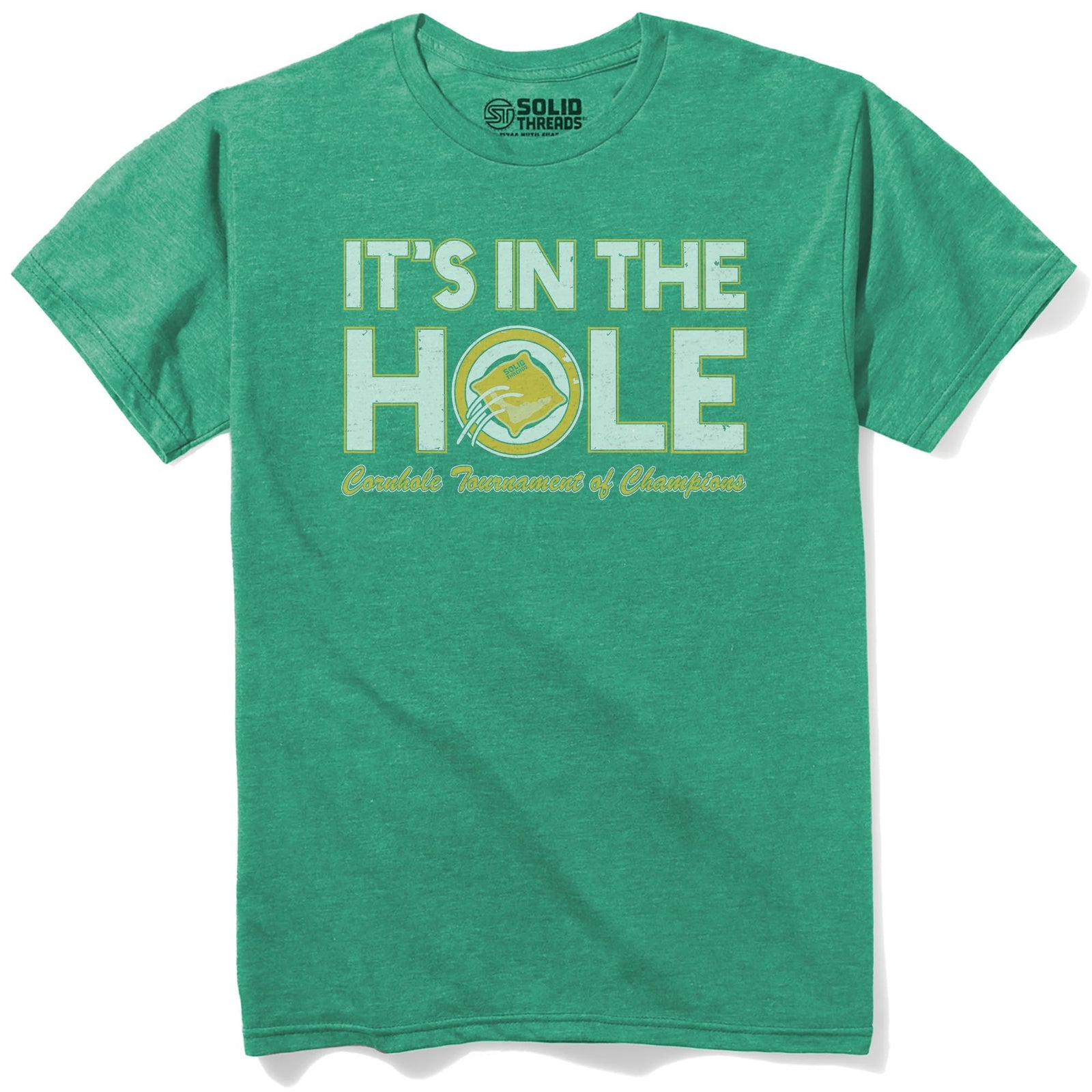 It's In The Hole Funny Staple T-shirt in Kelly Heather - Front View