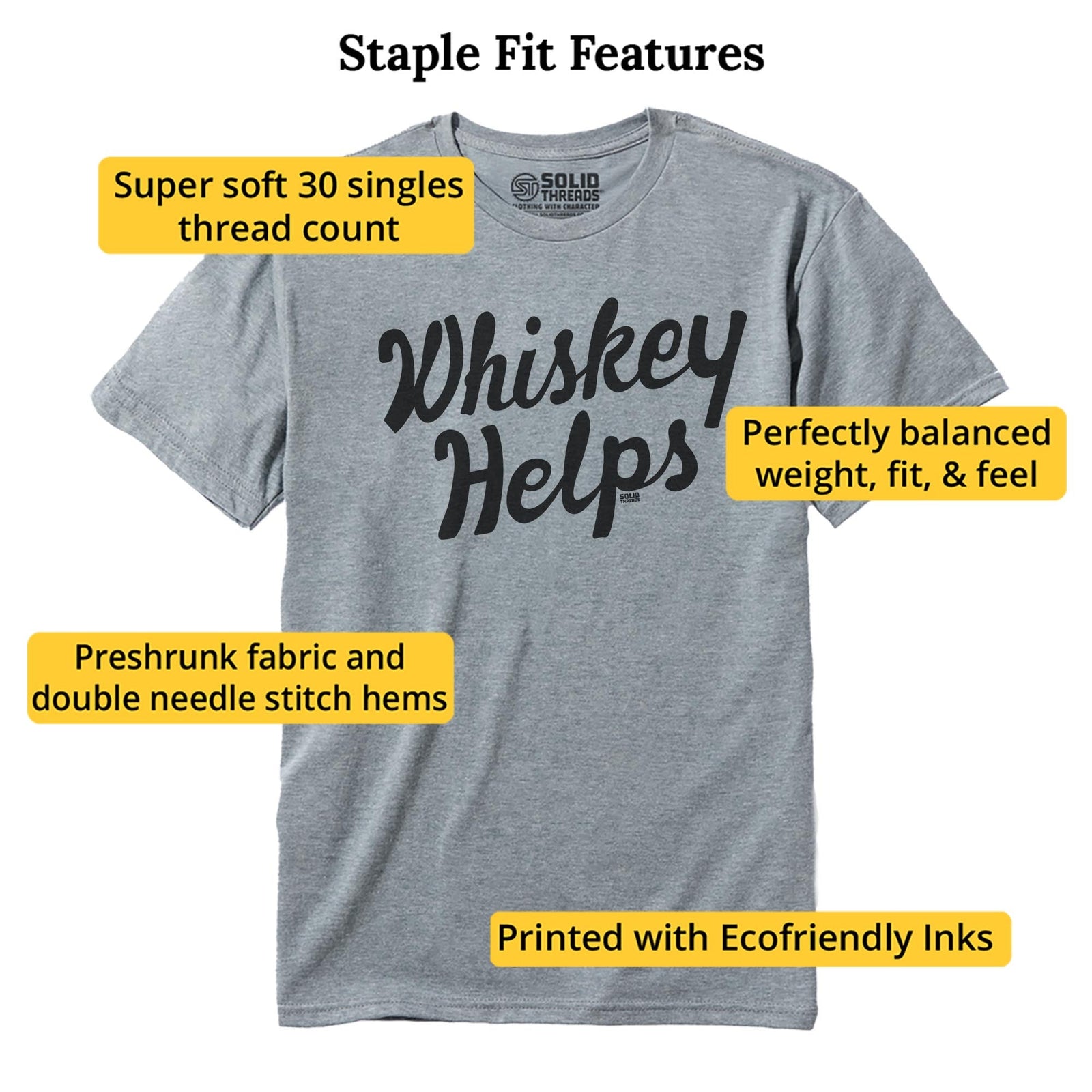 Whiskey Helps Cool Staple T-shirt in Ash Heather - Fit Attributes