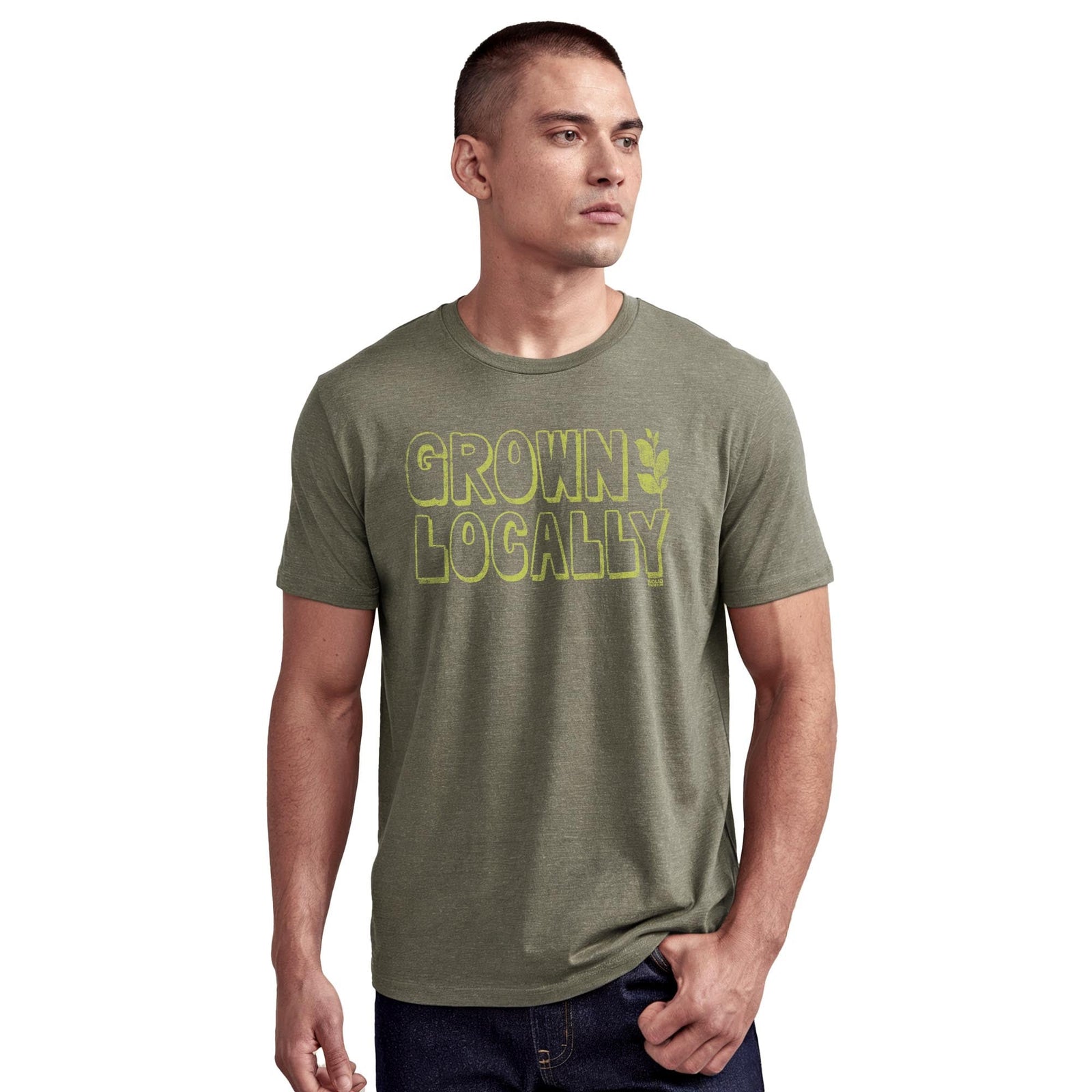 Grown Locally Cool Staple T-shirt in Olive Heather On Model - Front View
