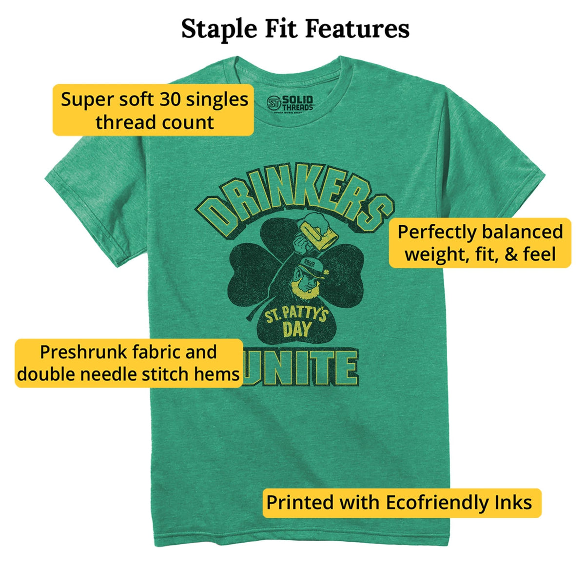 Drinkers Unite Vintage Staple T-shirt in Kelly Heather - Fit Attributes