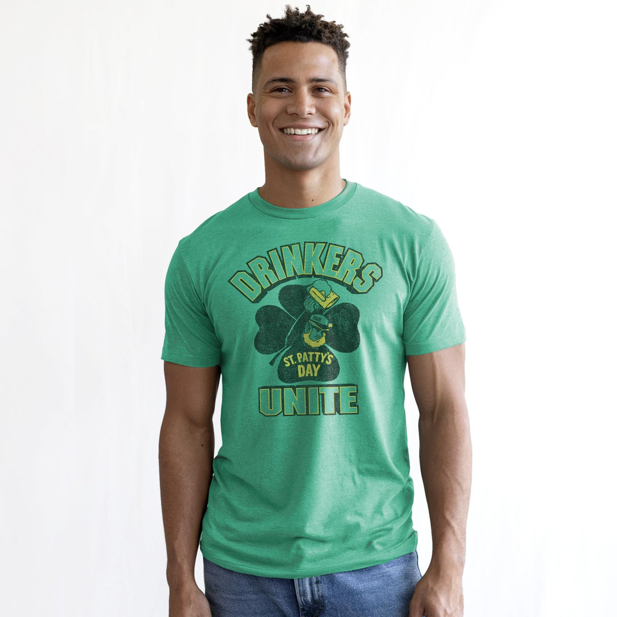 Drinkers Unite Vintage Staple T-shirt in Kelly Heather On Model - Front View