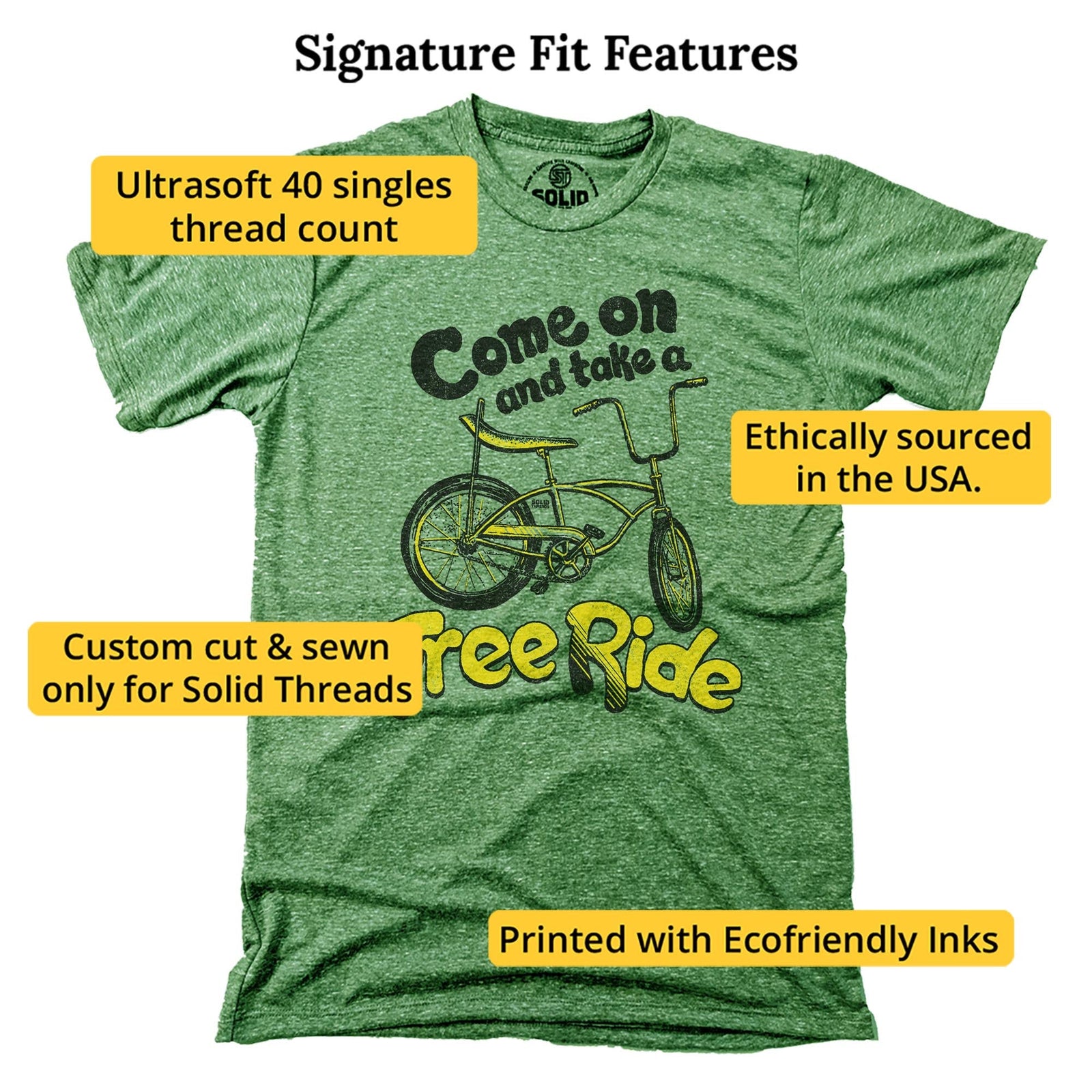 Come On And Take A Free Ride Vintage Signature T-shirt in Triblend Kelly - Fit Attributes