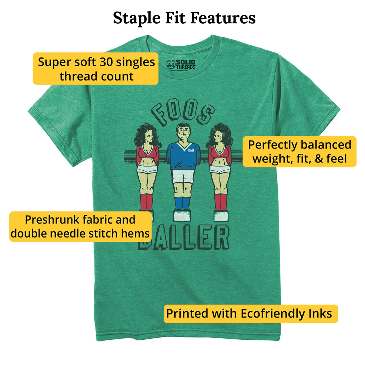 Foosballer Vintage Staple T-shirt in Kelly Heather - Fit Attributes