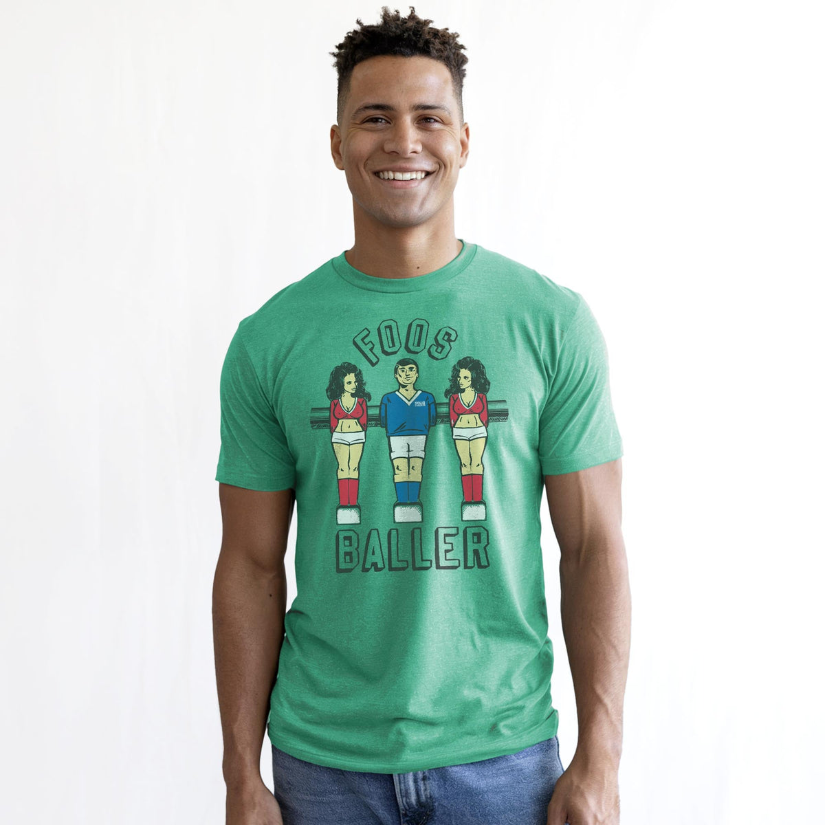 Foosballer Vintage Staple T-shirt in Kelly Heather On Model - Front View