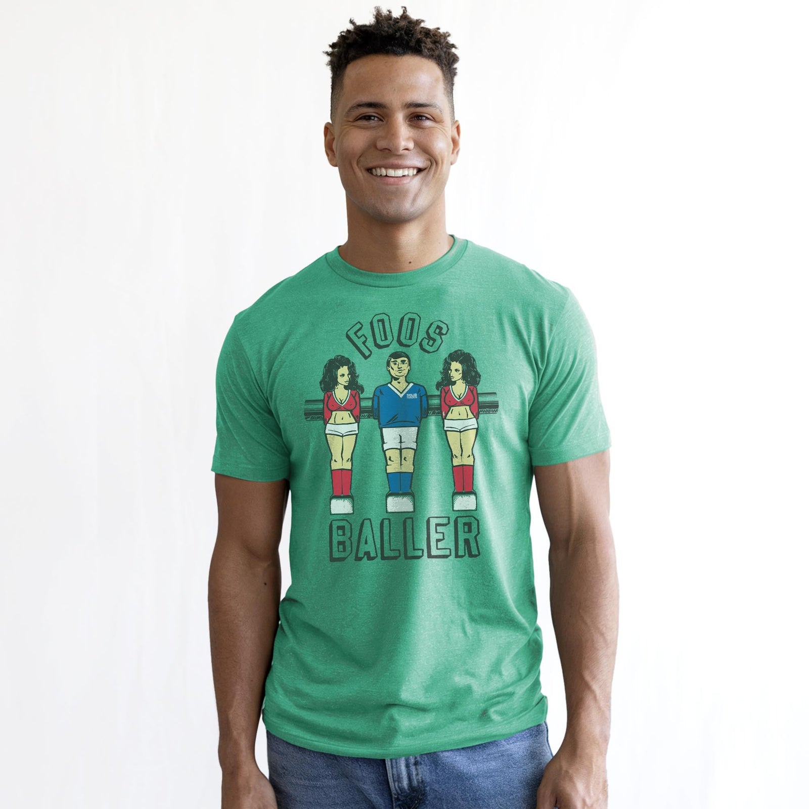 Foosballer Vintage Staple T-shirt in Kelly Heather On Model - Front View