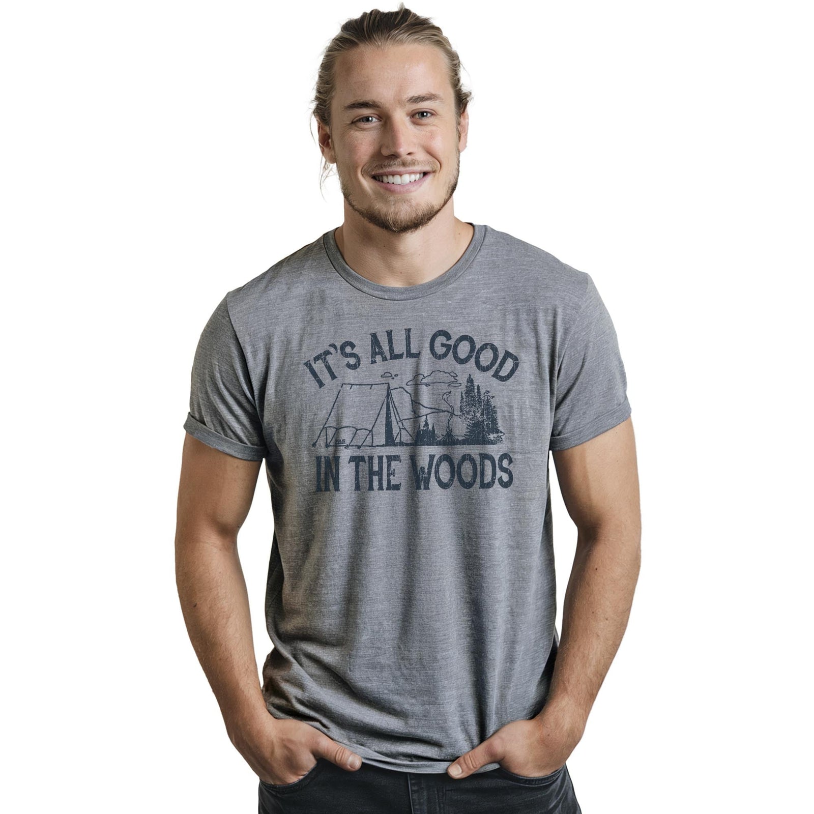 It's All Good In The Woods Vintage Staple T-shirt in Ash Heather On Model - Front View