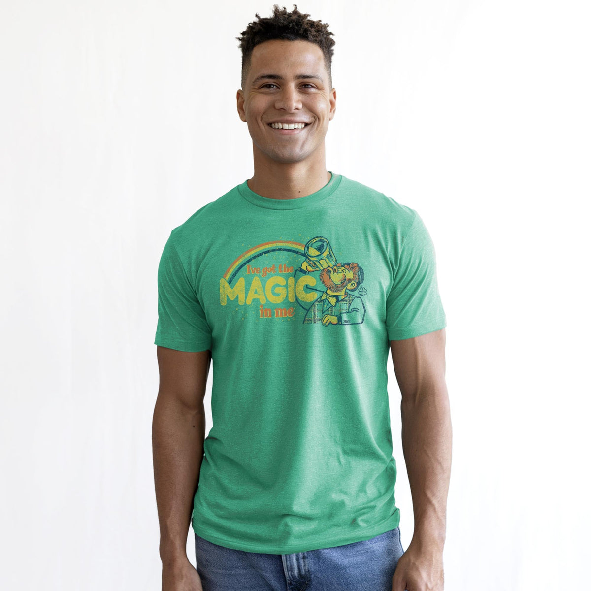 I've Got The Magic In Me Leprechaun Vintage Staple T-shirt in Kelly Heather On Model - Front View