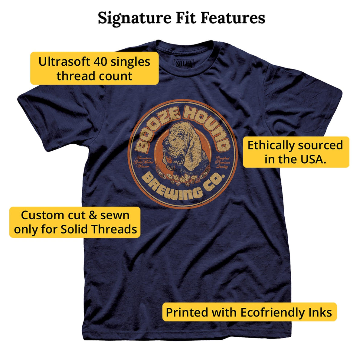 Boozehound Brewing Co. Vintage Signature T-shirt in Navy - Fit Attributes