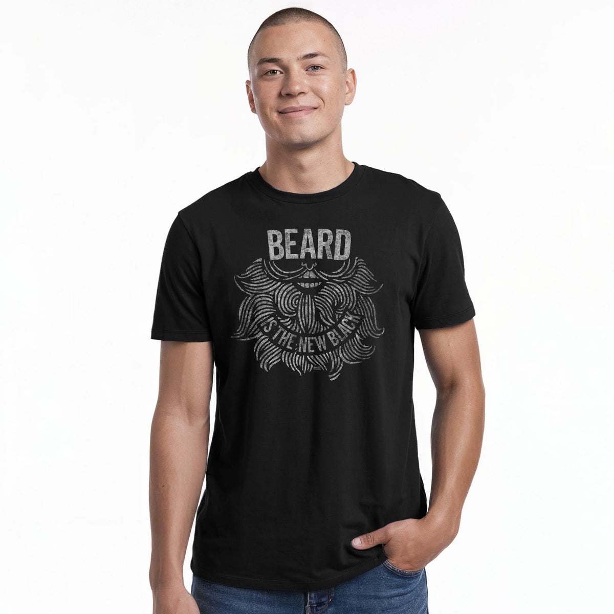 Beard Is The New Black Vintage Staple T-shirt in Black On Model - Front View
