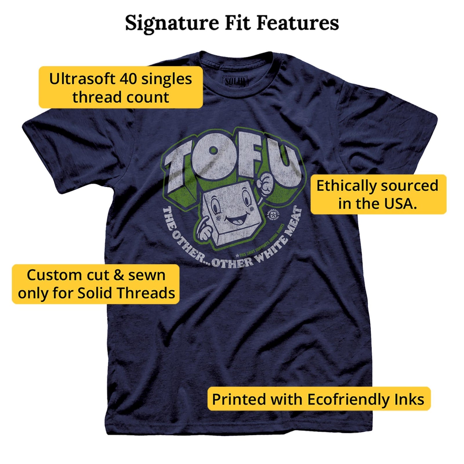 Tofu,the Other Other White Meat | Supports Animal Rights Vintage Signature T-shirt in Navy - Fit Attributes
