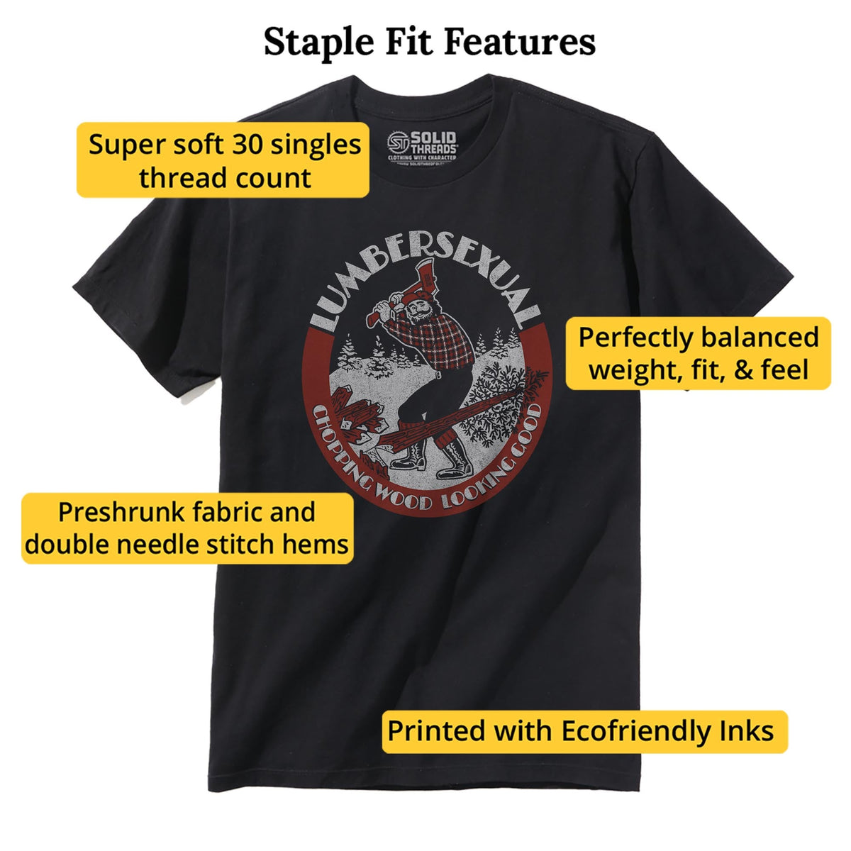 Lumbersexual, Chopping Wood Looking Good Vintage Staple T-shirt in Black - Fit Attributes