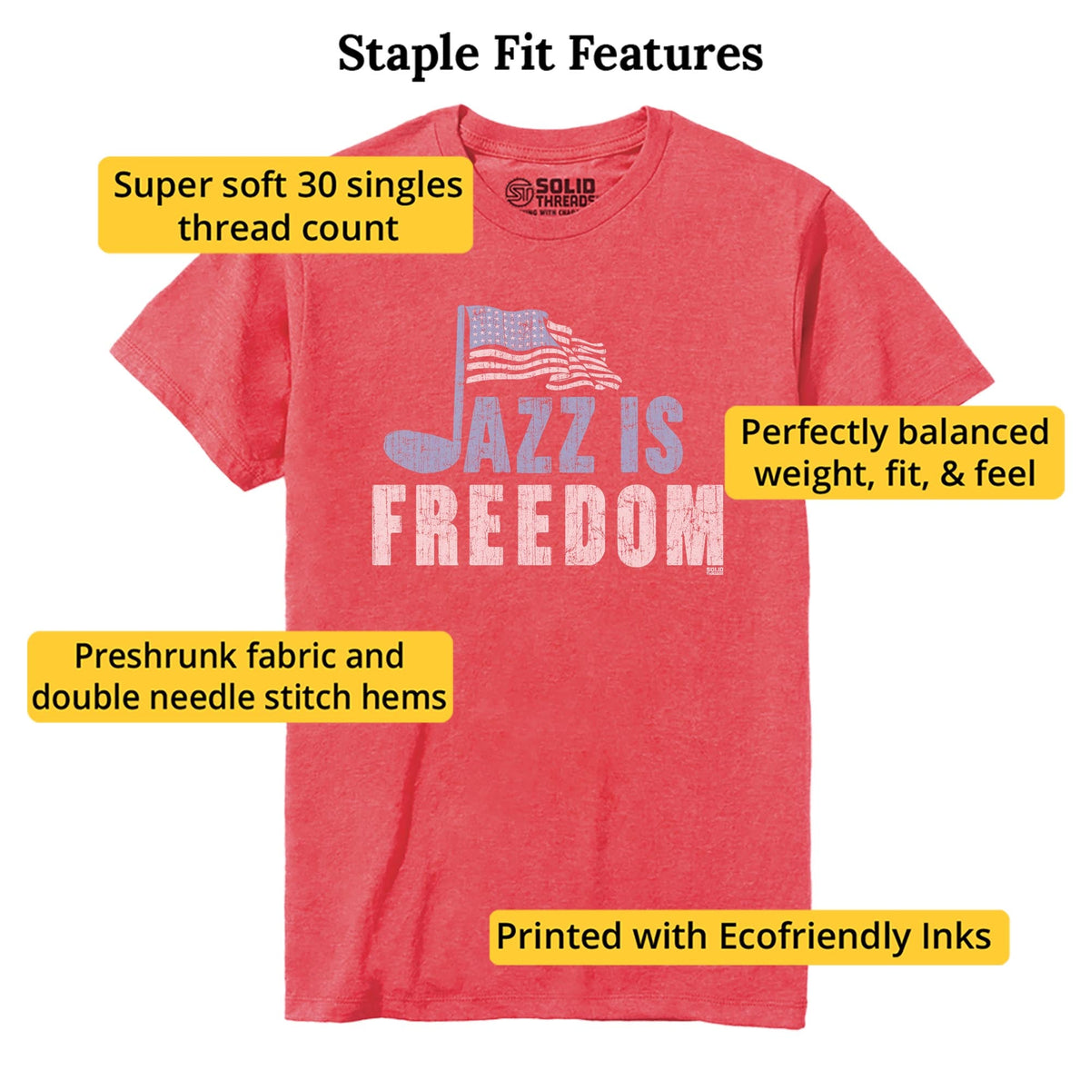 Jazz Is Freedom Cool Staple T-shirt in Red Heather - Fit Attributes