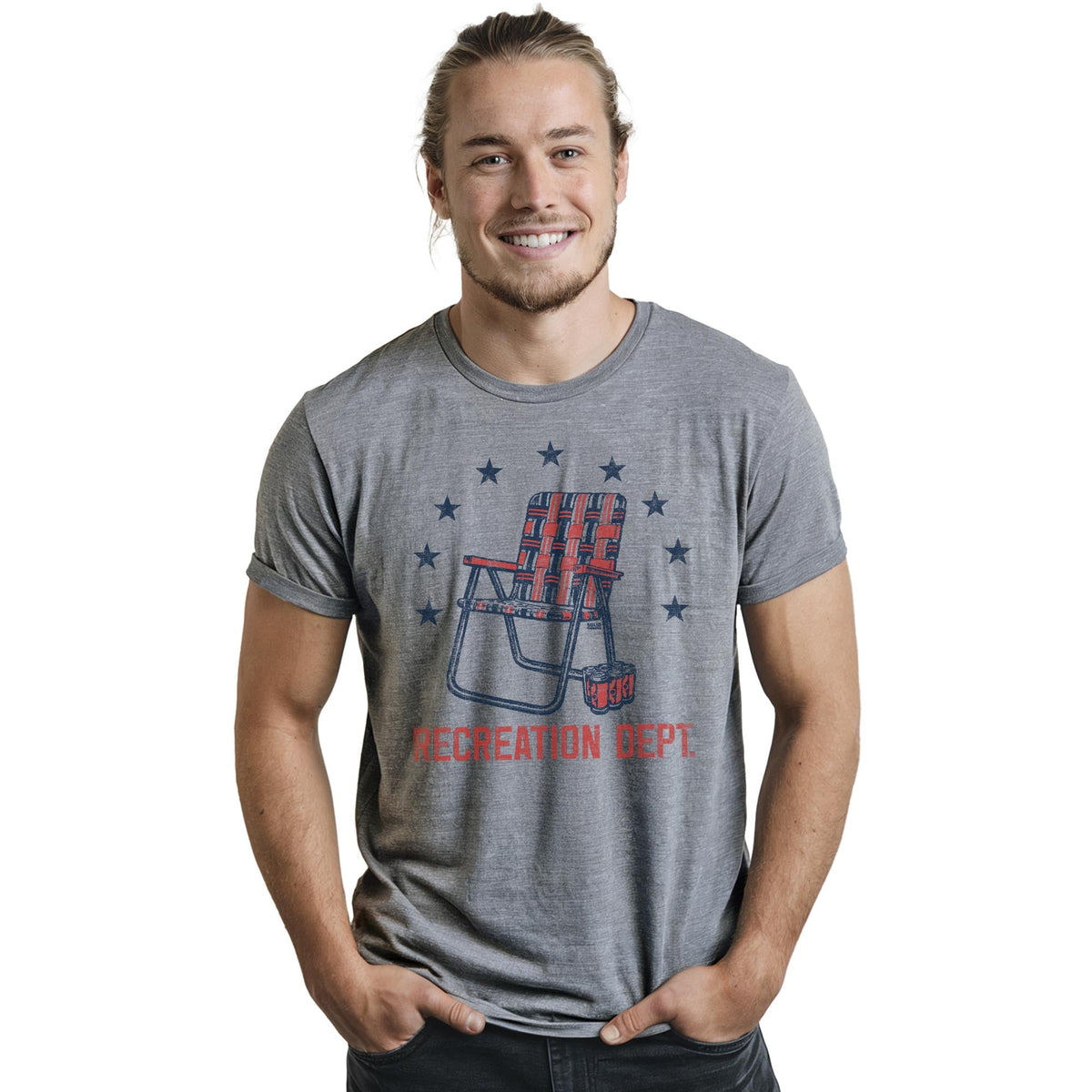 Recreation Department Retro Staple T-shirt in Ash Heather On Model - Front View