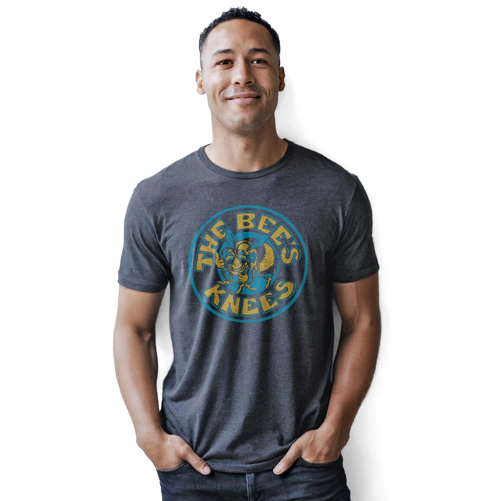 The Bee's Knees Vintage Staple T-shirt in Charcoal Heather On Model - Front View