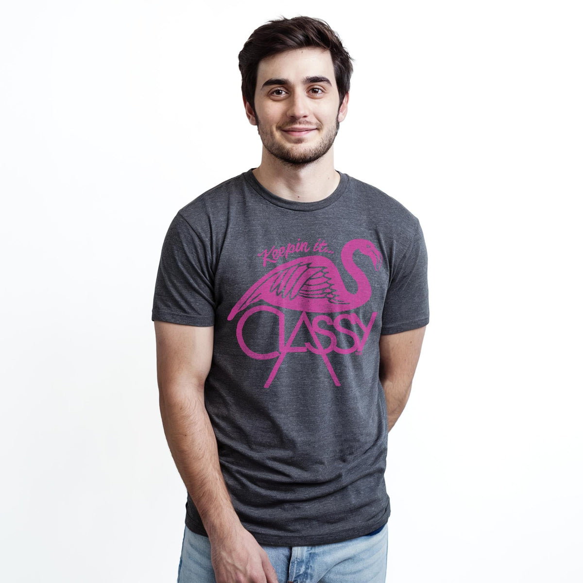 Keepin' It...classy Vintage Staple T-shirt in Charcoal Heather On Model - Front View