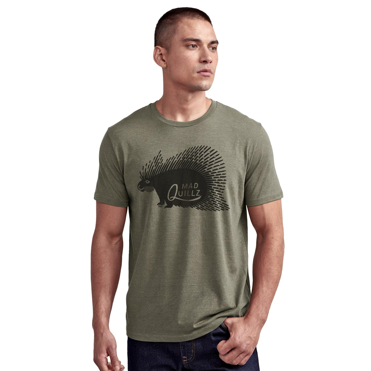 Mad Quillz Vintage Staple T-shirt in Olive Heather On Model - Front View