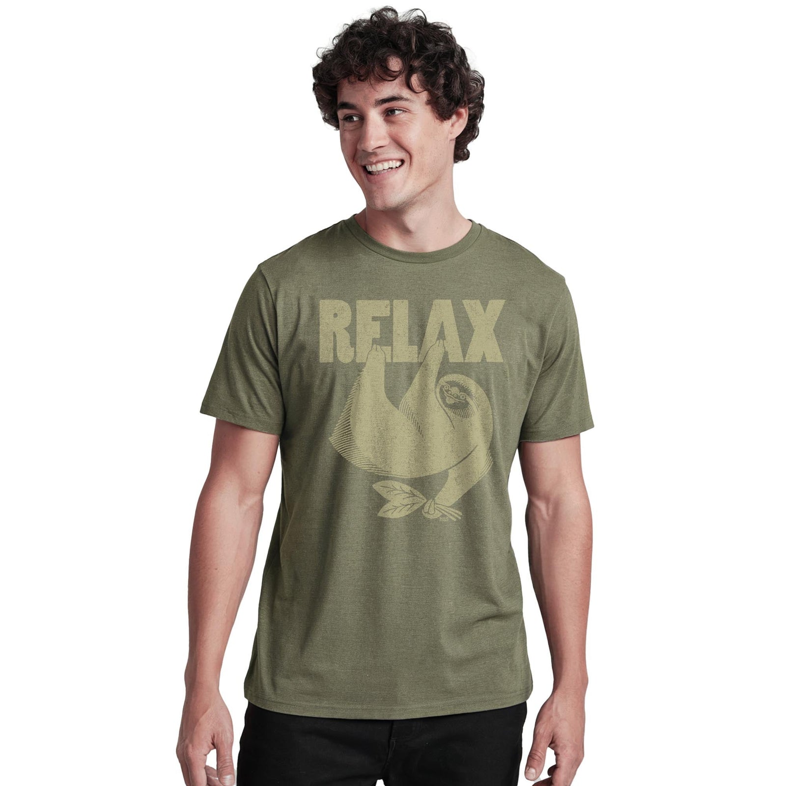 Relax Vintage Staple T-shirt in Olive Heather On Model - Front View