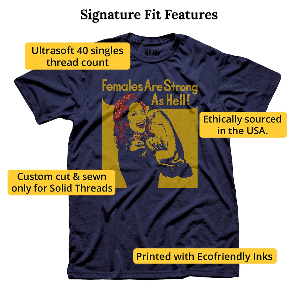 Females Are Strong As Hell Cool Signature T-shirt in Navy - Fit Attributes