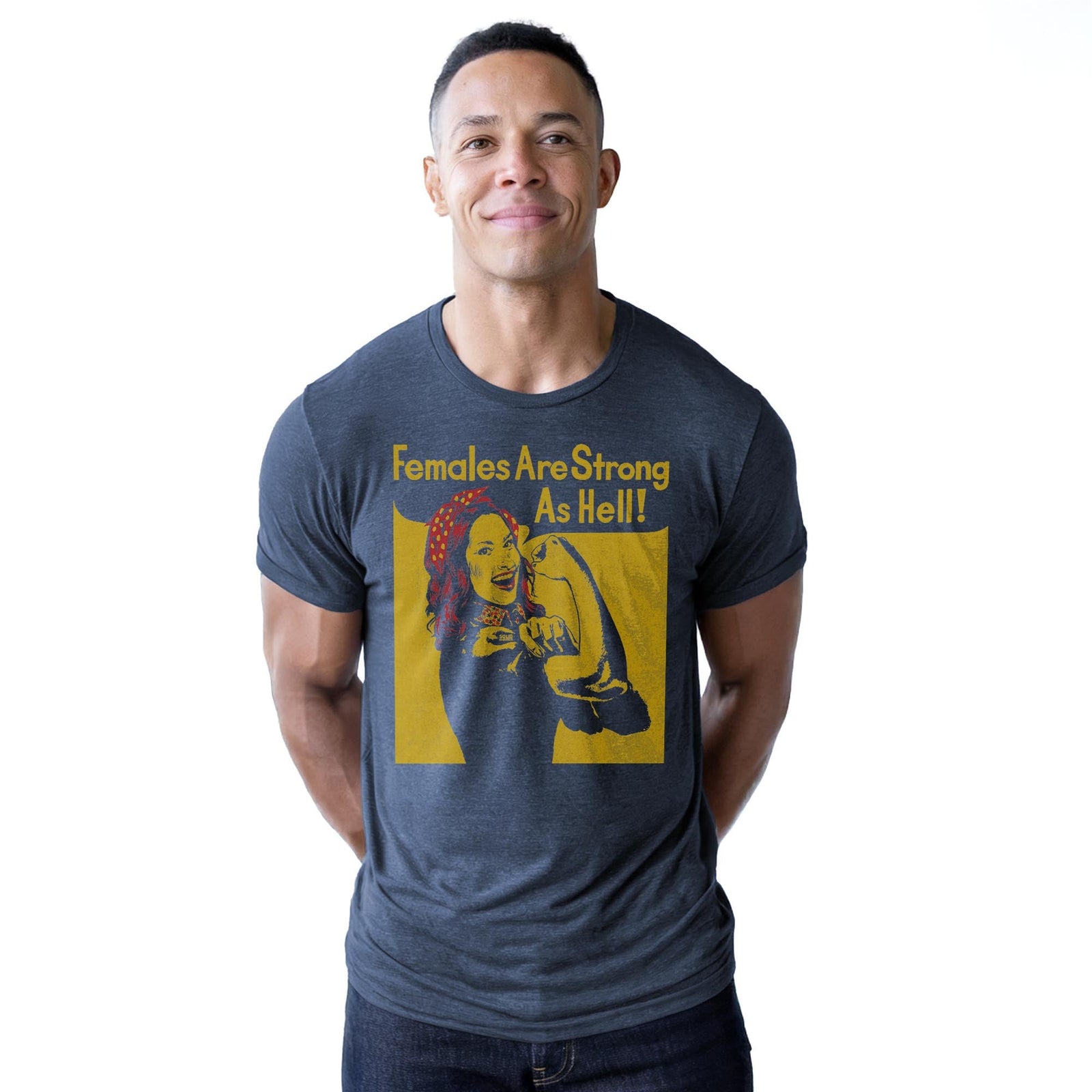 Females Are Strong As Hell Cool Staple T-shirt in Navy Heather On Model - Front View