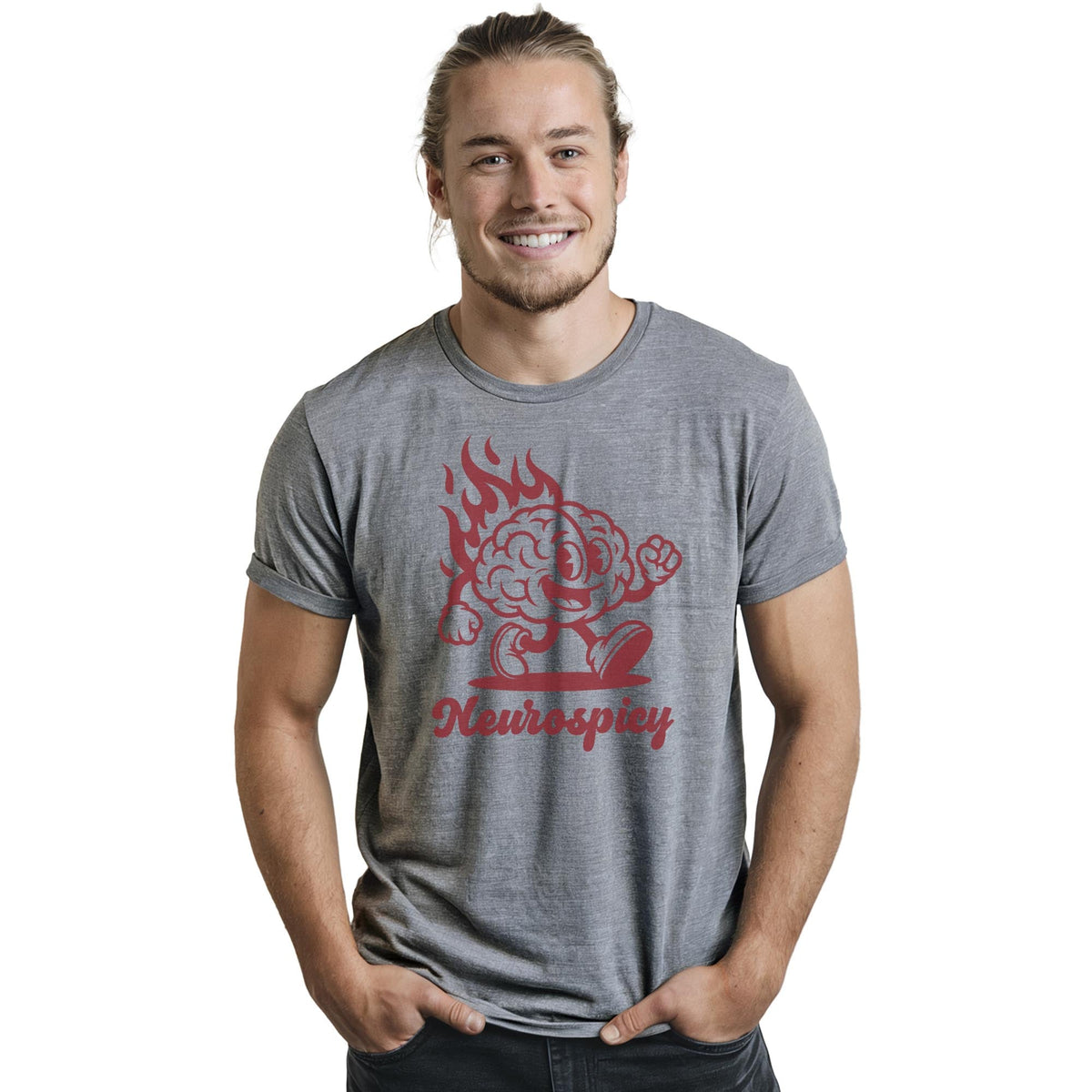 Neurospicy Funny Staple T-shirt in Ash Heather On Model - Front View