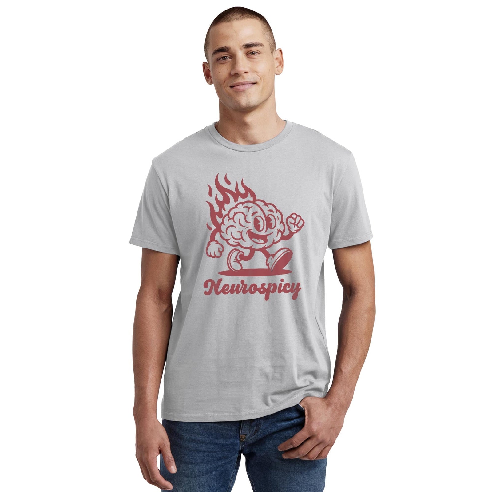 Neurospicy Funny Staple T-shirt in Silver On Model - Front View