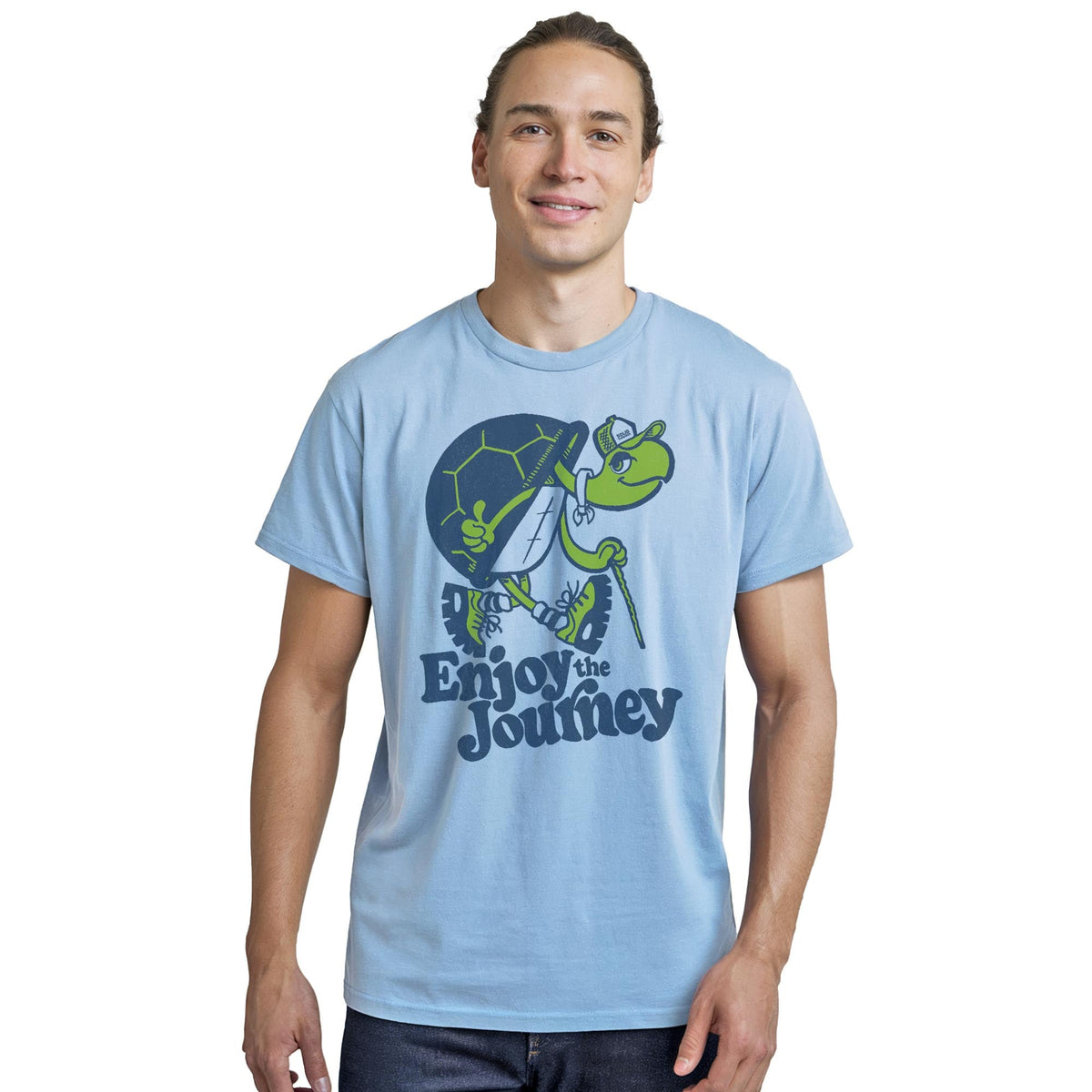 Turtle Enjoy The Journey Cool Staple T-shirt in Light Blue Heather On Model - Front View