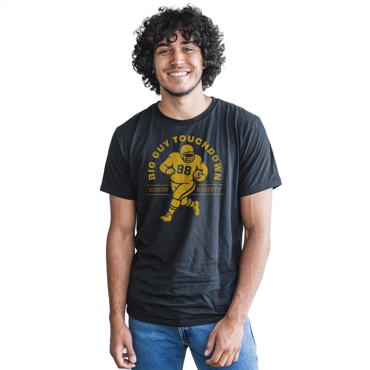 Big Guy Touchdown Funny Staple T-shirt in Black On Model - Front View