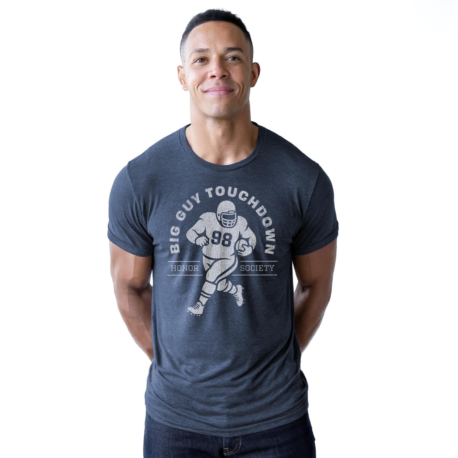 Big Guy Touchdown Funny Staple T-shirt in Navy Heather On Model - Front View