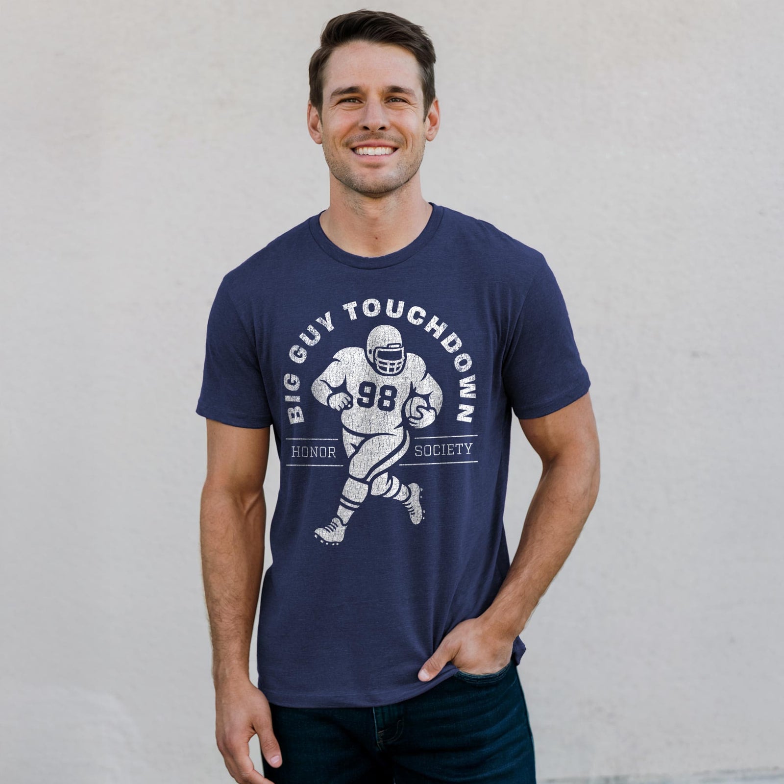 Men's Big Guy Touchdown Honor Society Cool Football Signature T-Shirt in Navy On Model - Front View