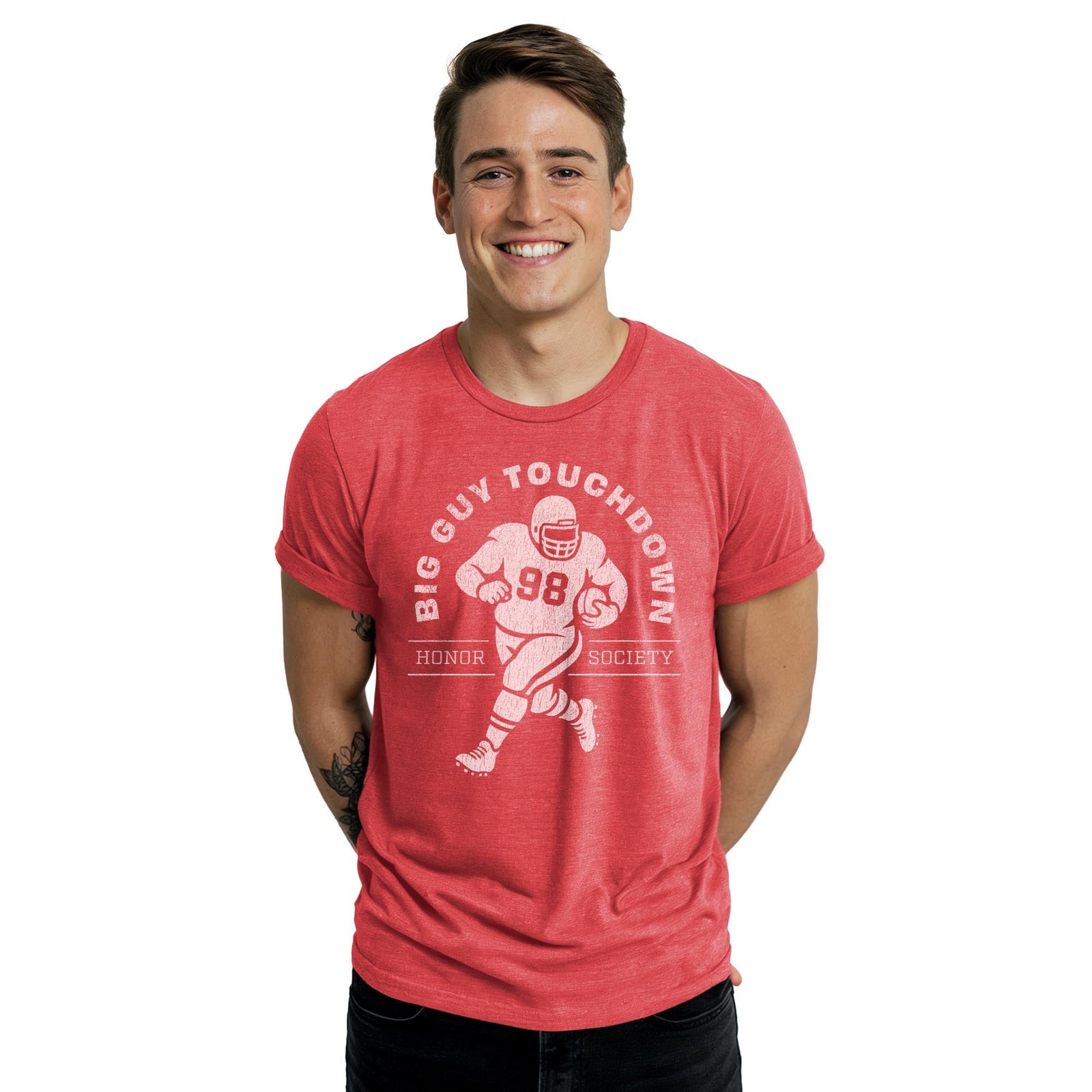 Big Guy Touchdown Funny Staple T-shirt in Red Heather On Model - Front View