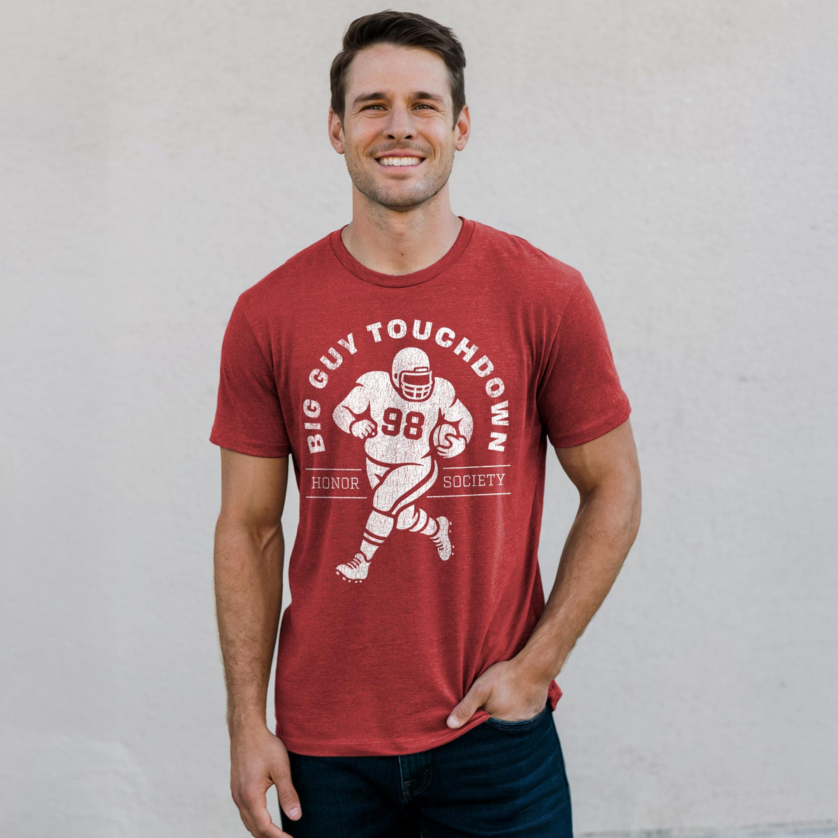 Men's Big Guy Touchdown Honor Society Cool Football Signature T-Shirt in Red On Model  Front View
