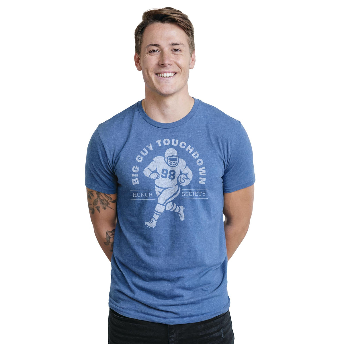 Big Guy Touchdown Funny Staple T-shirt in Royal Heather On Model - Front View