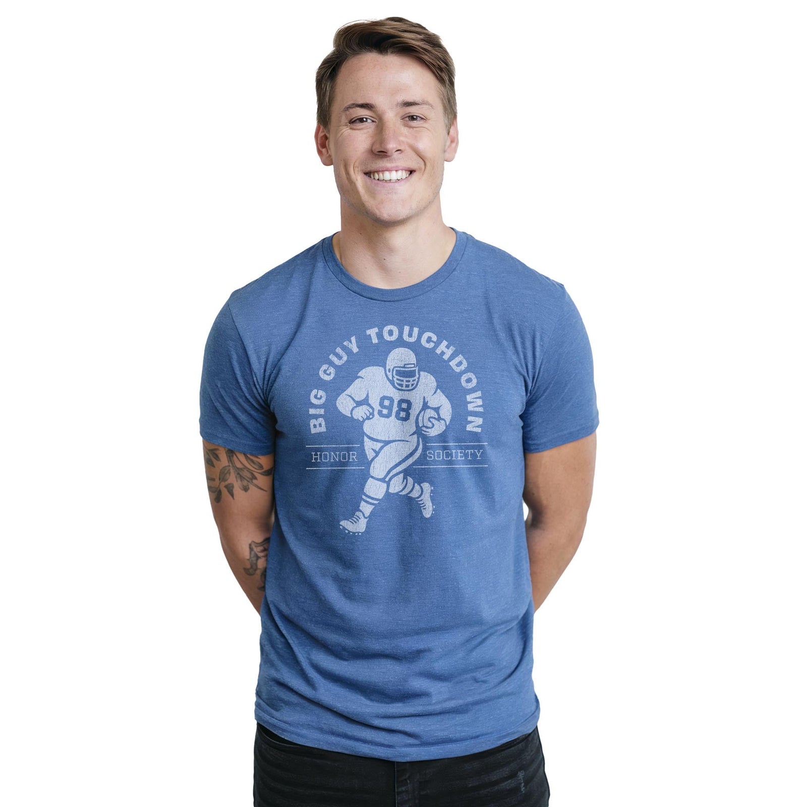 Big Guy Touchdown Funny Staple T-shirt in Royal Heather On Model - Front View