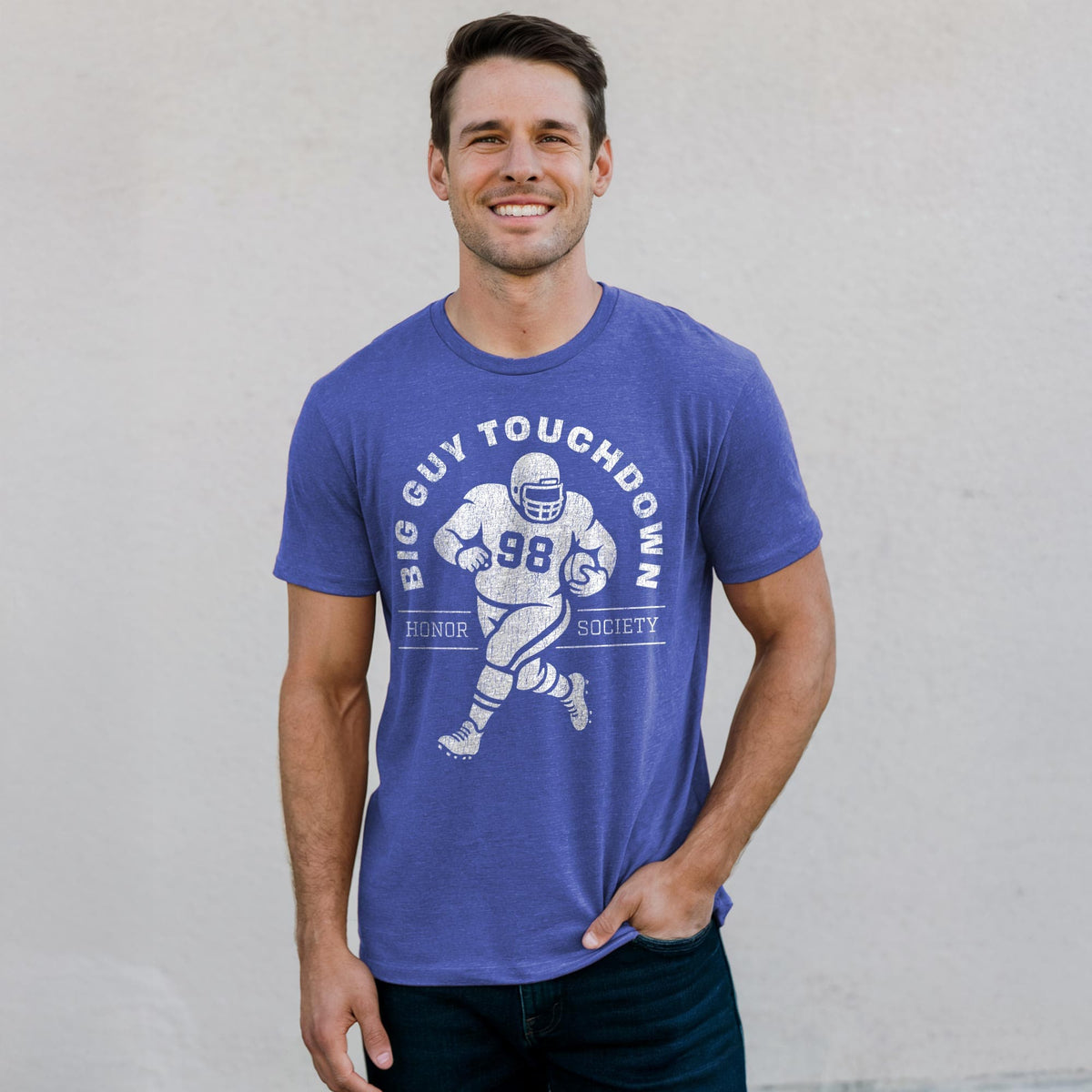 Men's Big Guy Touchdown Honor Society Cool Football Signature T-Shirt in Royal On Model  Front View
