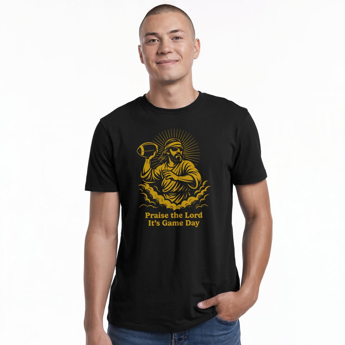 Praise The Lord Its Gameday Funny Staple T-shirt in Black On Model - Front View