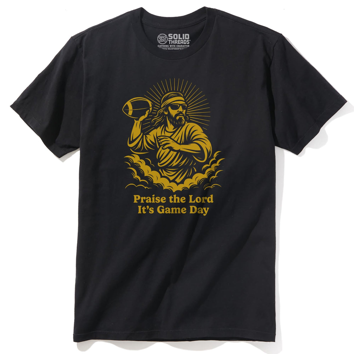Praise The Lord Its Gameday Funny Staple T-shirt in Black - Front View