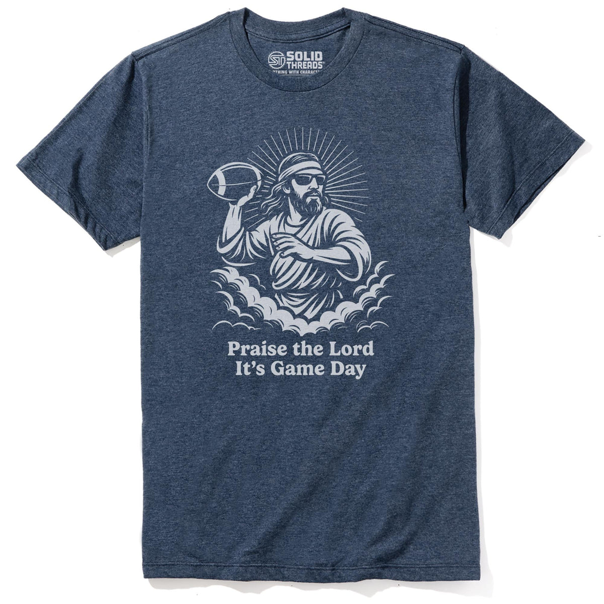 Praise The Lord Its Gameday Funny Staple T-shirt in Navy Heather - Front View
