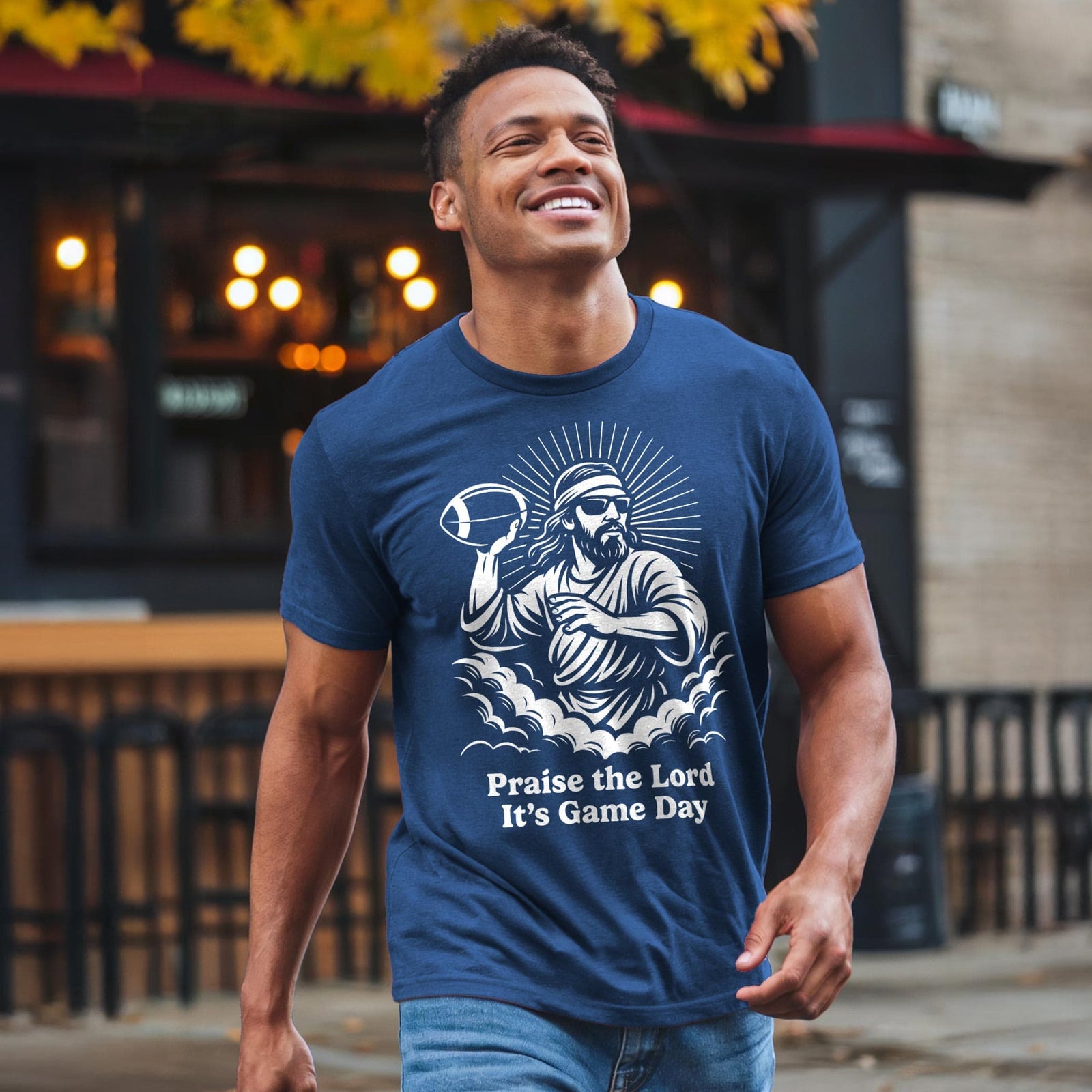 Men's Thank The Lord It's Gameday Funny Football Signature T-Shirt in Navy - Front View