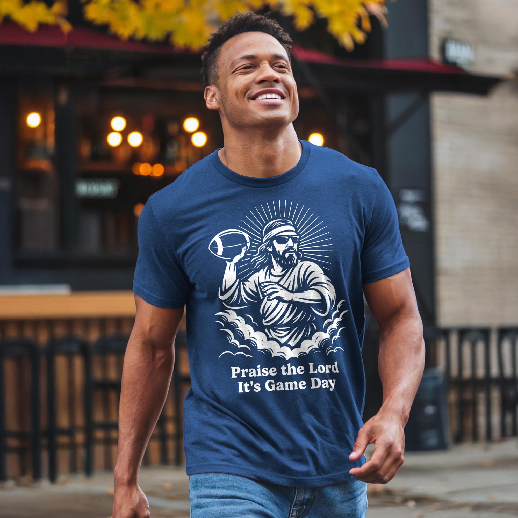Men's Thank The Lord It's Gameday Funny Football Signature T-Shirt in Navy - Front View