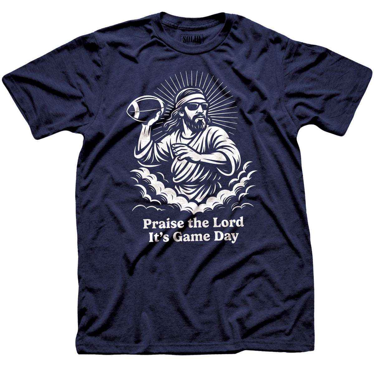 Men's Thank The Lord It's Gameday Cool Football Signature T-Shirt in Navy On Model - Front View