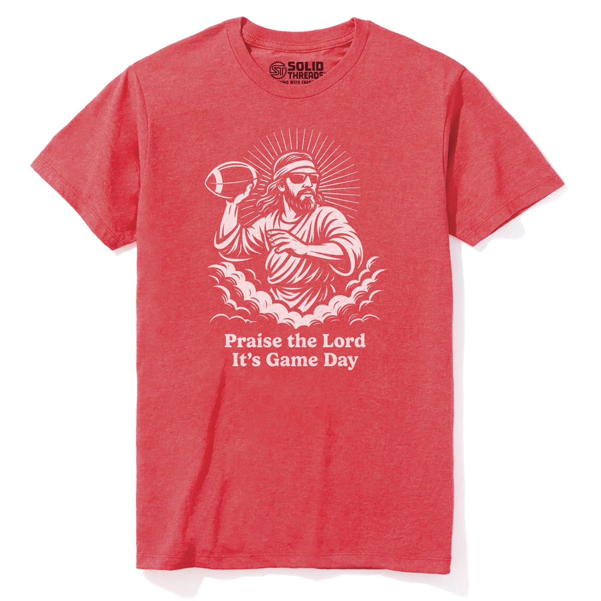 Praise The Lord Its Gameday Funny Staple T-shirt in Red Heather - Front View