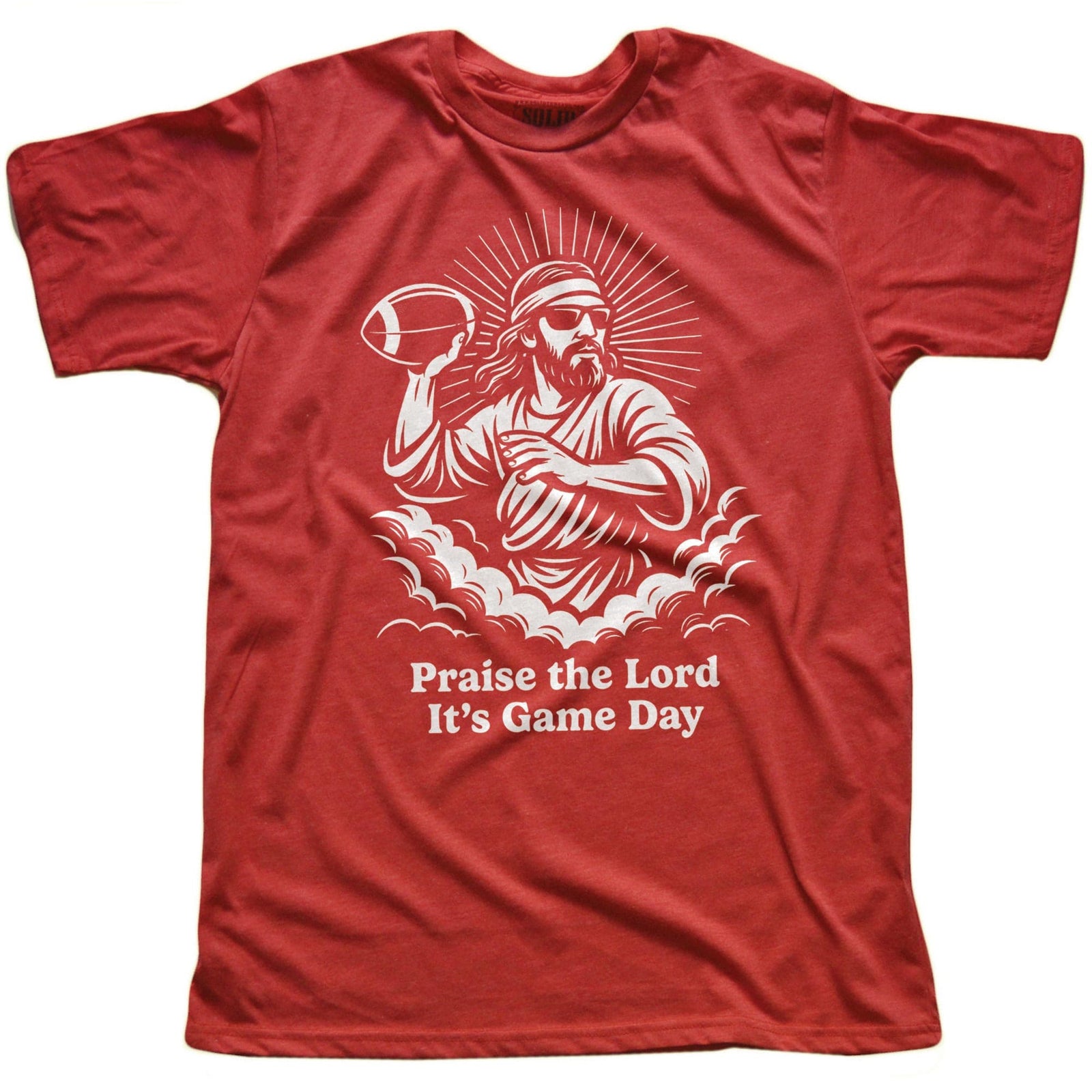 Men's Thank The Lord It's Gameday Cool Football Signature T-Shirt in Red On Model - Front View