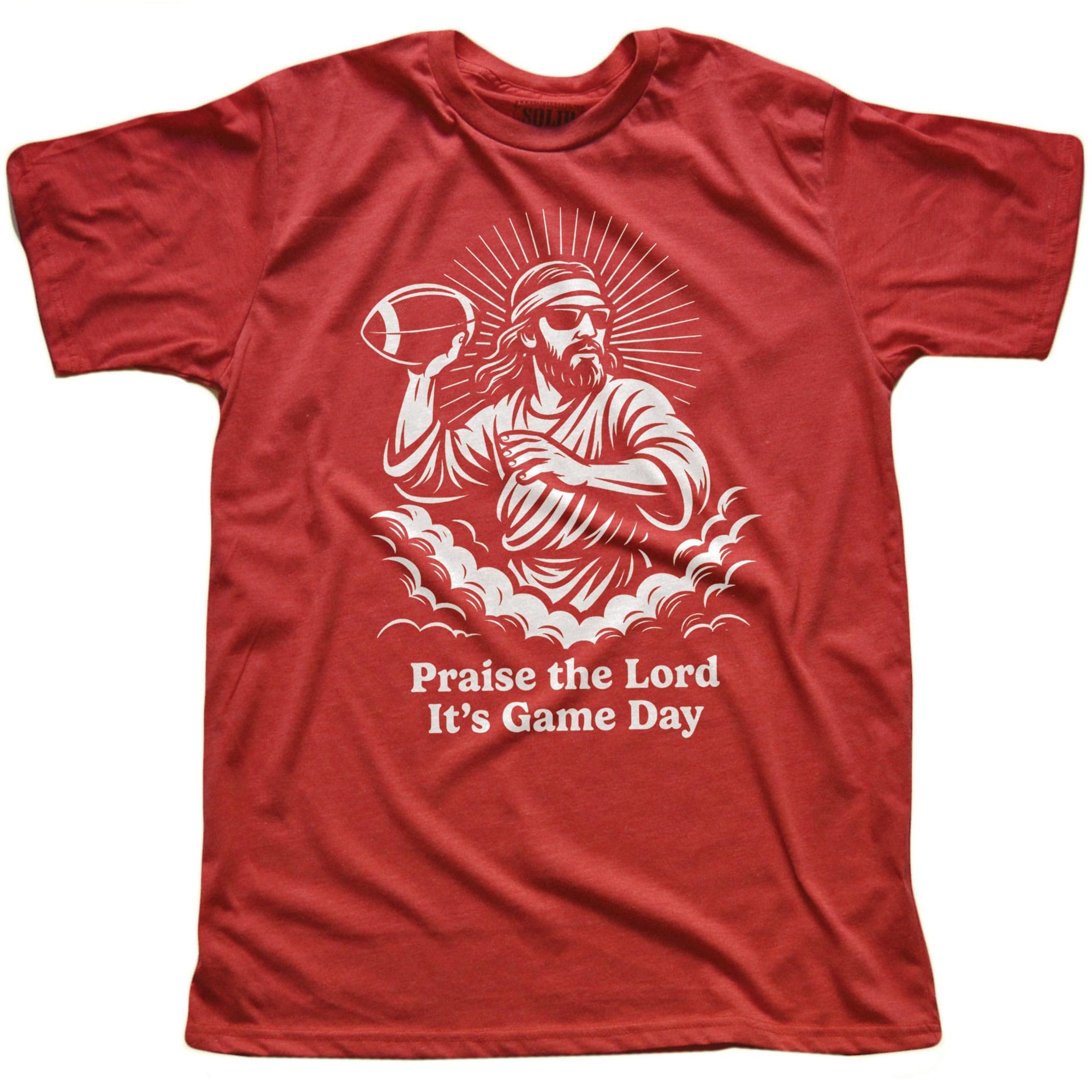 Men's Thank The Lord It's Gameday Cool Football Signature T-Shirt in Red On Model - Front View